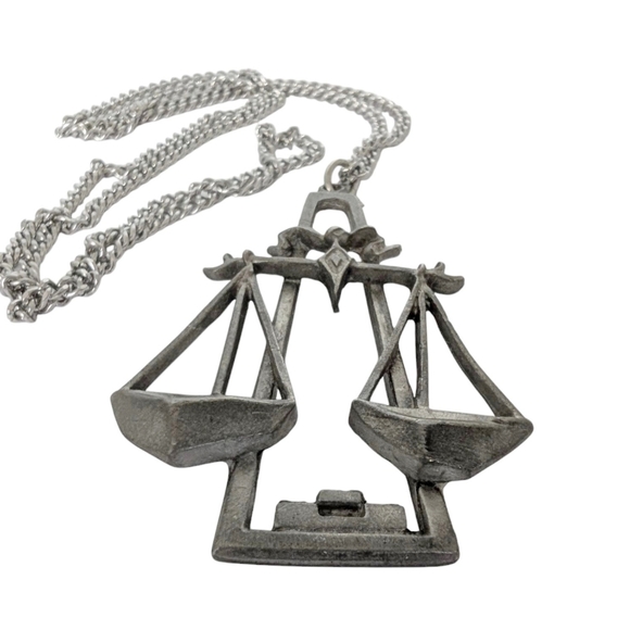 LIBRA Astrology Zodiac October Scale Vintage Necklace Long Pewter Pendent Silver - Picture 5 of 8